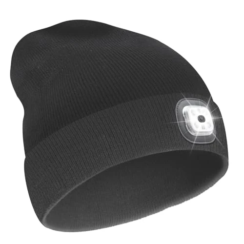FFIPBGE Gifts for Him, Beanie Hats with Light, USB Rechargeable LED Hand Free Headlamp, Perfect Birthday Gifts for Men, Women, and Teens, Ideal for Camping, Hiking, Light Black