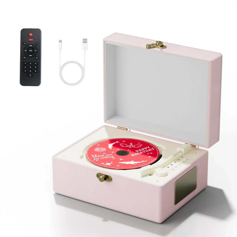 Yintiny Time Music Box CD Player with Speakers; Bluetooth Transmitter; Festival Gift; BGM Player for Home Decor (Pink)