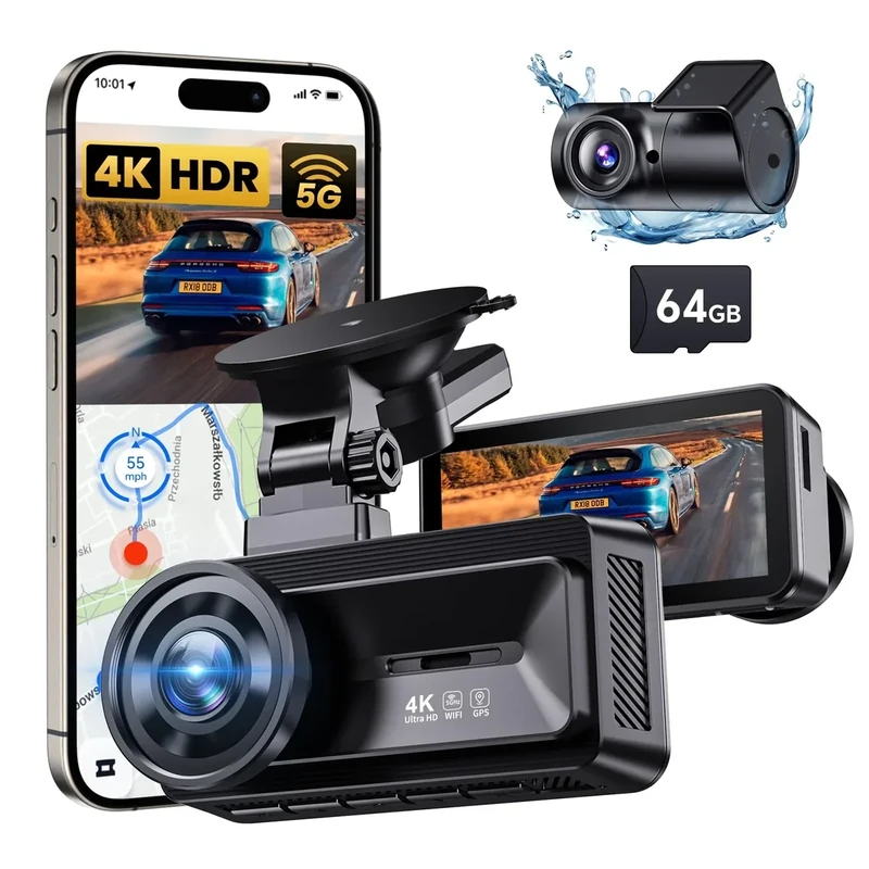 COOLCRAZY Dual Dash Cam Front & Rear - 4K+1080P, 64GB, 5G WiFi, 3" IPS