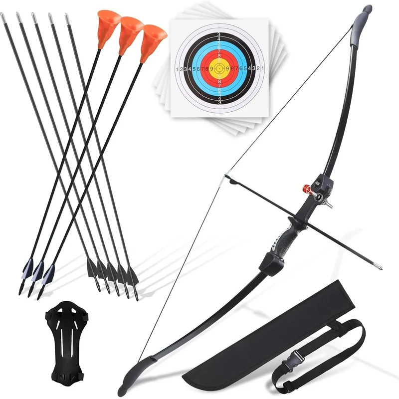 CrazyMouse Bow and Arrow for Teens Beginners Adults Recurve Bow Set 8 Arrows 5 Target Face Archery Longbow Kit Backyard Games Gift for Outdoor Sports (Black Archery Bow Set)