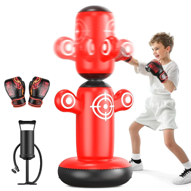 QPAU 360° Rotatable Punching Bag for Kids, Lager 64” Kids Punching Bag with Gloves, Hand Pump & 6 Targets, Bop Bag Inflatable Punching Toy, Karate Gifts for Boys, Girls (Red)