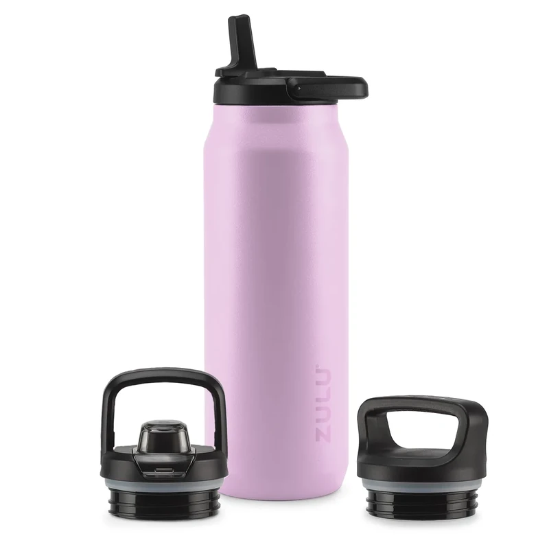 ZULU Base 40oz Stainless Steel Water Bottle with 3 Lids- Straw, Chug, Twist | Double Walled and Vacuum Insulated Metal Thermos | For Gym, Outdoor | Built in Carry Loop, Dishwasher Safe, Pink