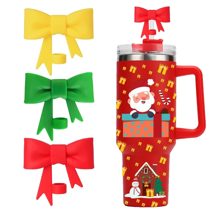HIUSITY Valentine's Bow Straw Cover Topper for Stanley Cup,Silicone Straws Toppers for Tumbler with Handle 40oz,Cute 10mm/0.4in Covers Cap, Reusable Lids for Stanleys Cups Accessories,3Pcs