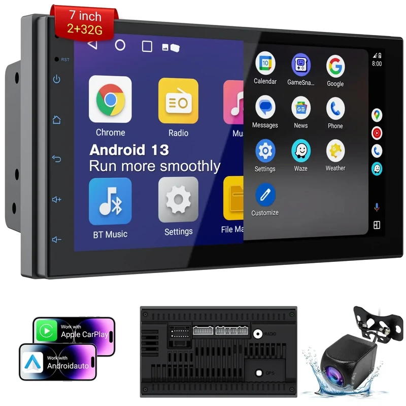 Haudio Double Din Car Stereo with 7 Inch HD Touchscreen, Wireless CarPlay & Android Auto, Bluetooth GPS Navigation, FM/AM Radio with Backup Camera