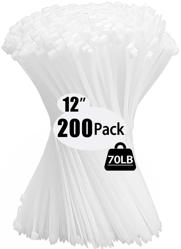 Colaolge 200-Pack 12in Zip Ties - 70lb Strength, UV-Resistant