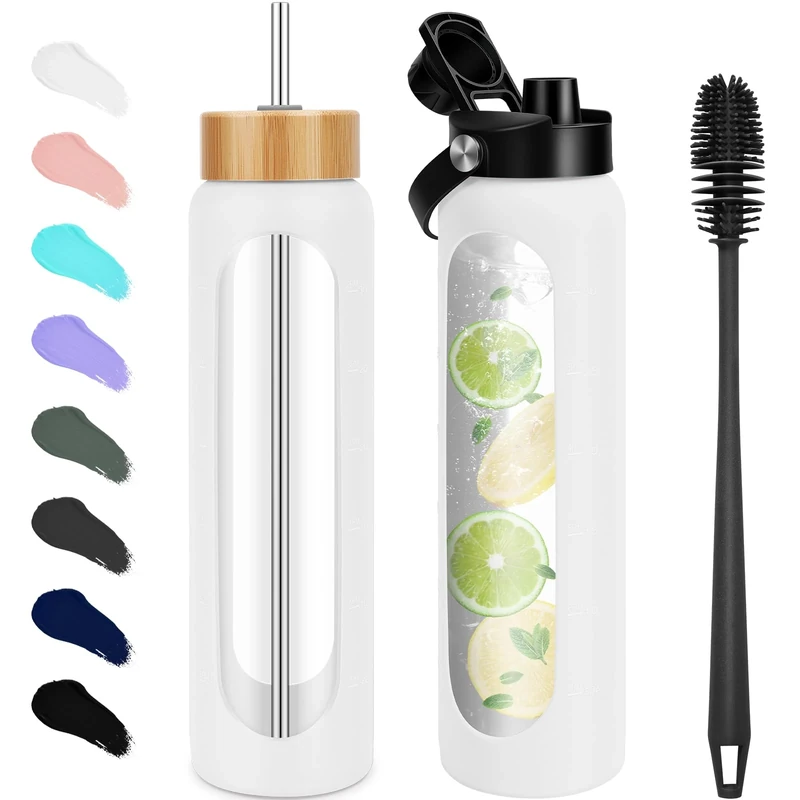 FULBEVY 25 oz Glass Water Bottles - Motivational Tumbler Water Bottle Time Marker - Borosilicate Glass Water Bottle With Silicone Sleeve and 2 Lids, Handle Spout & Bamboo Straw Lid (White)