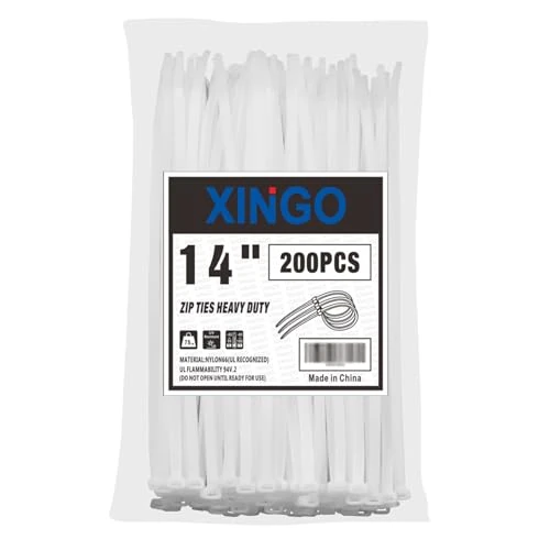 XINGO 14 Inch White Zip Ties 200 PCS, 75 LBS Ultra Strong Tensile Strength, UV Resistant Cable Ties, Self-locking Plastic Ties for Indoor and Outdoor Use