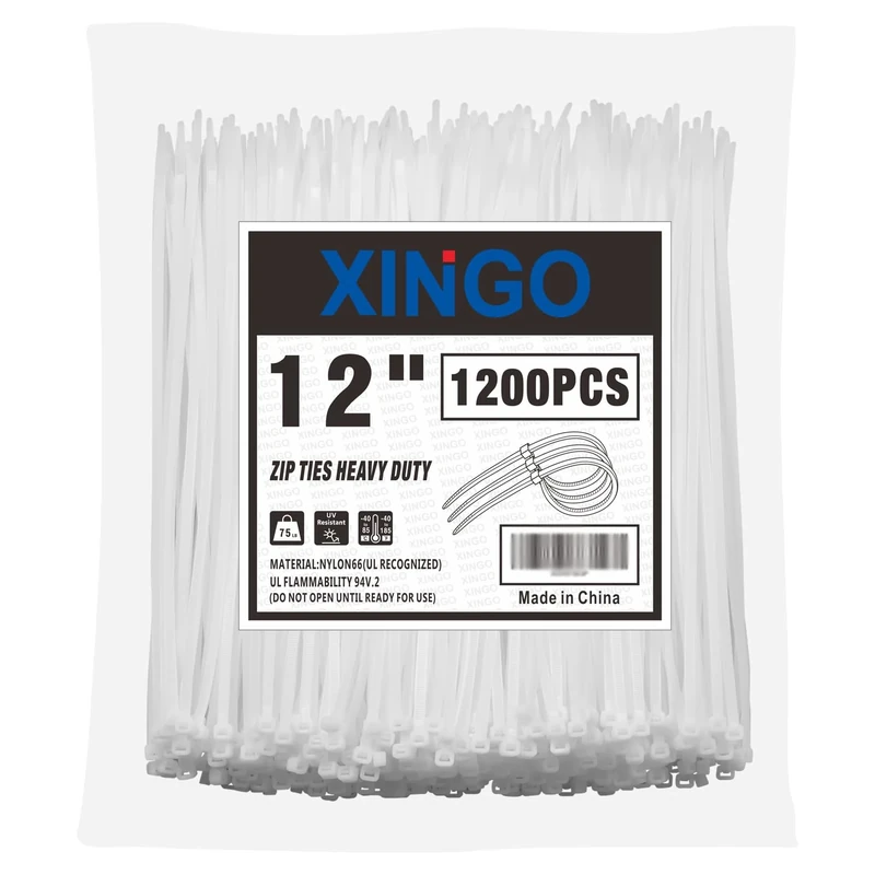 XINGO 12" White Zip Ties - 1200 pcs, 75lb Strength, UV Resistant