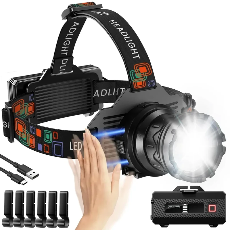 INECOKS Rechargeable Headlamp Super Bright, High Lumens Head Lamp with 9 Modes, Zoomable Headlamp for Adults 90° Adjustable, IPX7 Waterproof High Power Head Light for Fishing Camping