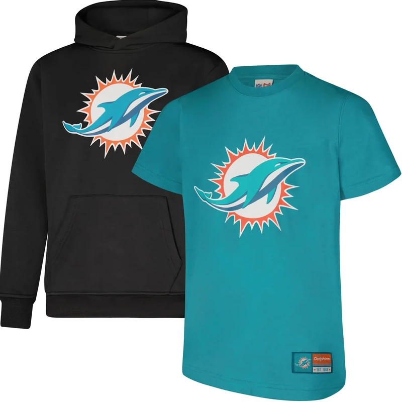 Ultra Game NFL Official Youth Super Soft T-Shirt & Hoodie Sweatshirt Set, Miami Dolphins, Team Color, 14-16