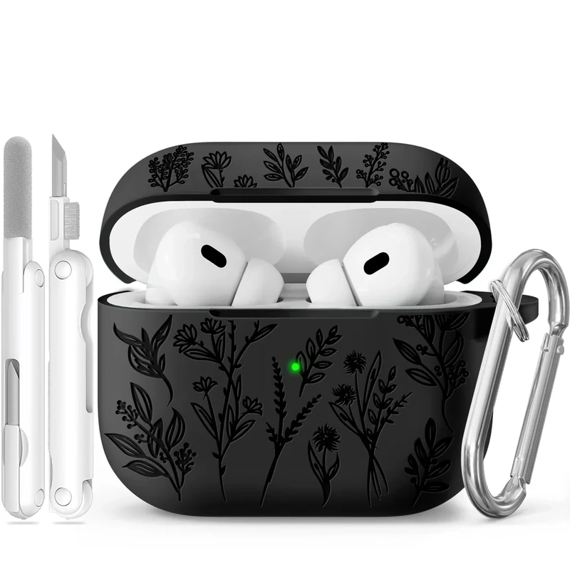 Flower Engraved Case for Apple AirPods Pro 2 Gen with Clean Kit,Soft Silicone Protective Case Cover for AirPod Pro 2nd/1st Generation Keychain,Lanyard,3 Pair Ear Tips,Front LED Visible,Black - Image 1