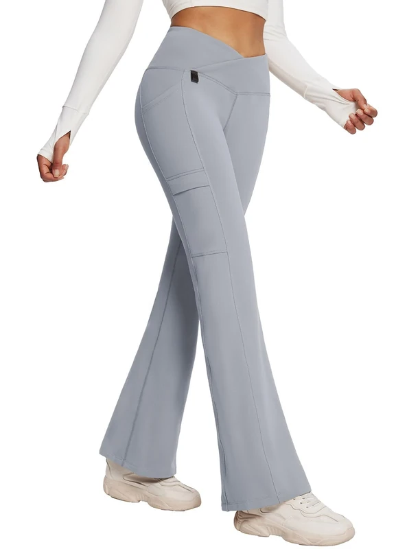 baleaf Women's Fleece Lined Pants Water Resistant Crossover Flare Legging Winter Outdoor Thermal Bootcut High Waist Waterproof Hiking Frost Gray XL