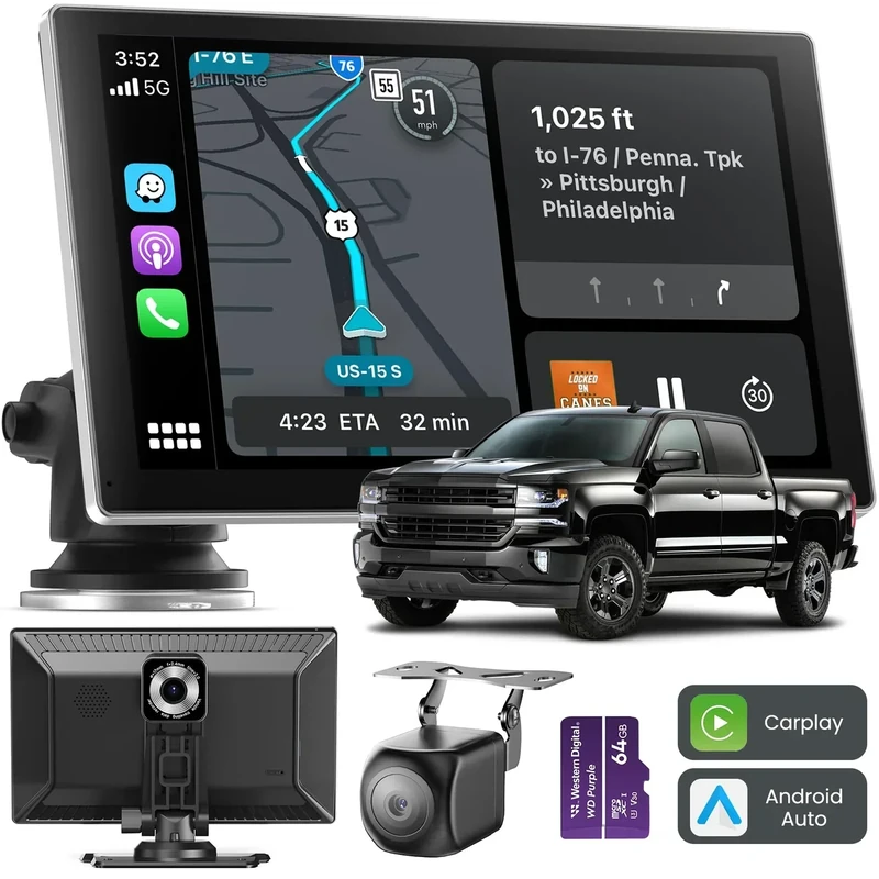 Jzones Carplay Screen for Car, 9" Portable Wireless Carplay&Android Auto, 4K Dash Cam,1080P Backup Camera, Car Stereo Audio Receivers for Car, GPS Navigation Mirror Link, Bluetooth,FM, Siri