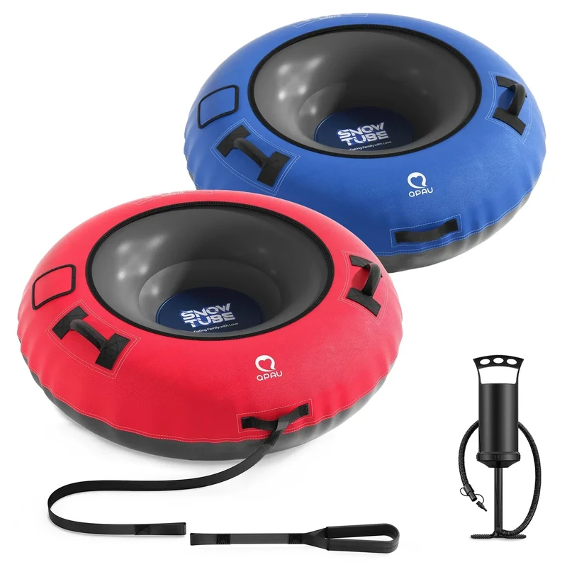 QPAU Snow Tube with Premium Canvas Cover 2 Pack for Kids and Adults, 48'' Inflatable Heavy Duty Snow Tube Made by Thickened Bottom, Sled Winter Outdoor Fun Toys for Children Boys Girls (Blue & Red)