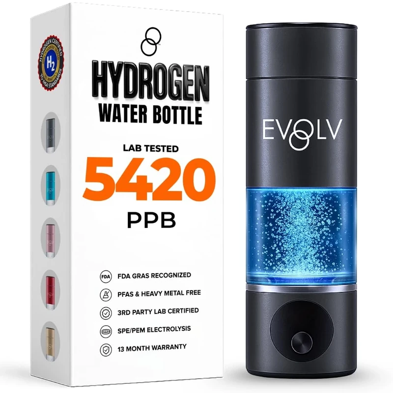 EVOLV Hydrogen Water Bottle Generator – SPE & PEM Water Ionizer 5.4PPM, Highest H2 Concentration – Portable 8oz Hydrogenated Water Bottle – Leak-Proof Hydrogen Water Machine, Easy to Use – Carbon