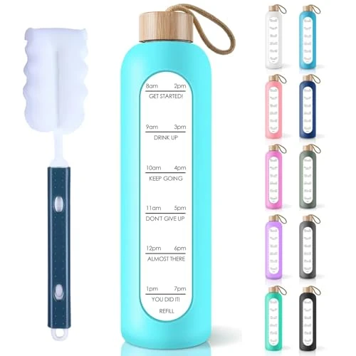 PROBTTL 25 oz Glass Water Bottles - Time Marker Motivational Borosilicate Glass Water Bottle With Silicone Sleeve and Bamboo Lid, Leak Proof, Reusable, BPA Free (Teal)