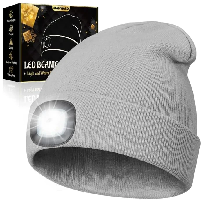 MANWALD LED Beanie Hat with Light, USB Rechargeable LED Headlamp, Gifts for Men, Mens Gifts, Birthday Gifts for Him Dad Husband, Boyfriends, Grey, 1 Pack