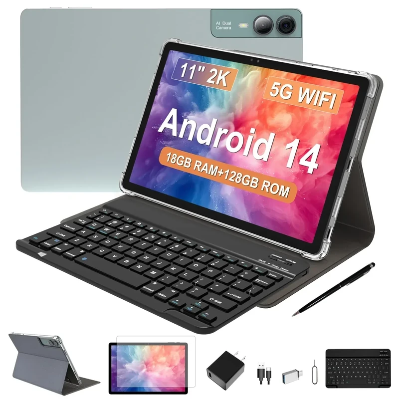 FESABOLE 2025 Latest 11 inch Android 14 Tablet, 18GB RAM, 128GB ROM, 1TB Expand, 2K Display, T616 Octa-Core, 5G WiFi, 13MP+5MP+5MP Camera, GPS, 9000mAh, Tablet with Case/Keyboard/Pen, Quad Speakers