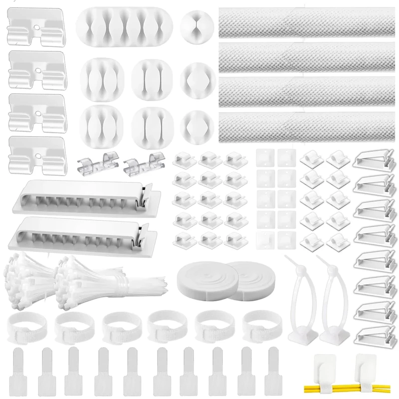 [313Pcs] Cable Management Kit, 67 Adhesive Cable Clips, Topavatop Desk Cord Organizer, 22 Reusable Cable Strap, 4 Cable Sleeve Split, 200 Nylon Cable Zip Ties with 20 Mounts for TV Office Home, White