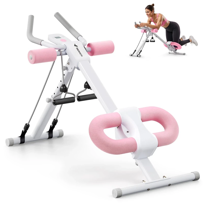 MERACH Ab Machine, Ab Workout Equipment, Adjustable Ab Trainer Machine for Abs Workout at Home Gym, Foldable, Knee Protection, Abdominal Trainer for Stomach Workout (Pink)