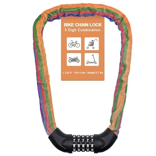 NDakter Bike Chain Lock, 5 Digit Combination Heavy Duty Anti Theft Bicycle Chain Lock,2.62/3.2/4.27/5/6Ft Long Security Resettable Bike Locks for Bike, Bicycle, Scooter, Door, Gate, Fence-4/6mm Thick