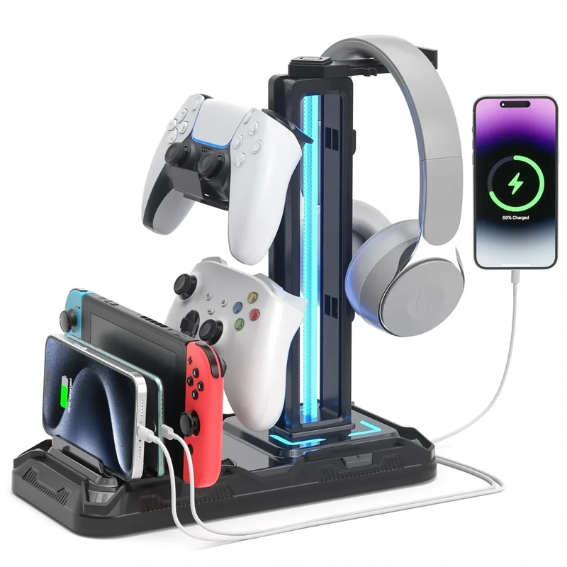 KDD Headset Stand - Detachable Controller, 9 Light Modes, USB Charging