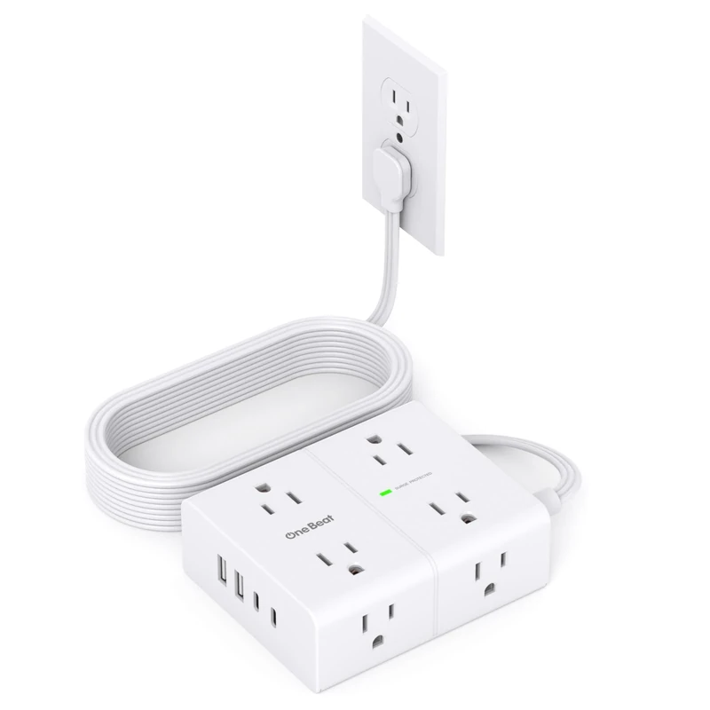 One Beat 10FT Flat Plug Power Strip - 8 AC Outlets, 4 USB (2 C)
