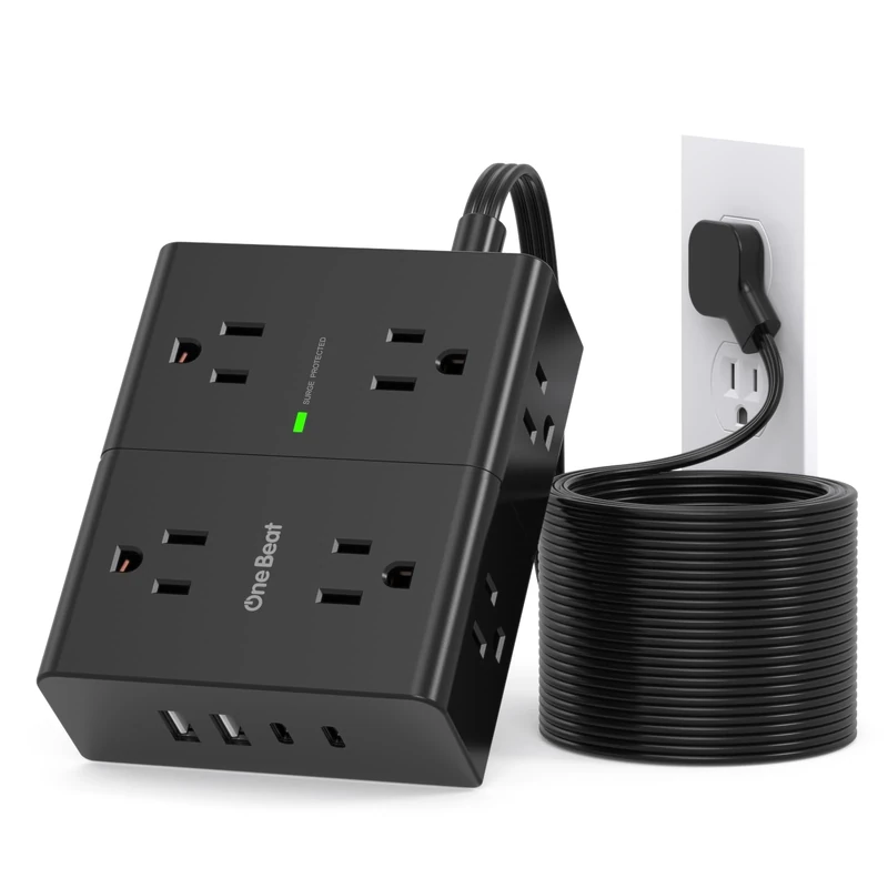 One Beat 10ft Flat Plug Power Strip - 8 Outlets, 4 USB (2 USB-C) Surge