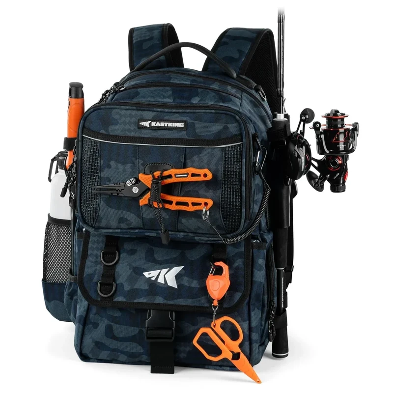 KastKing BaitSpace 50L Fishing Tackle Backpack with Removable Bait Binder,2 Rod Holders Storage Fishing Gear and Equipment,Blue Camo