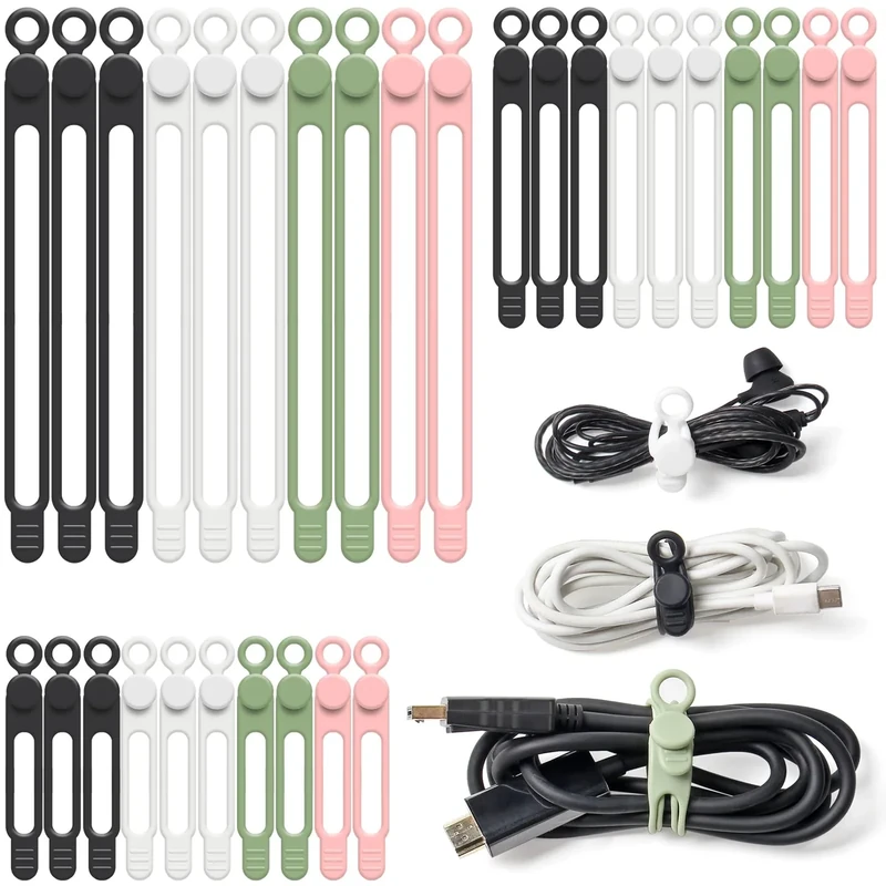 OneLeaf 30Pcs Silicone Cable Ties - Reusable Cord Organizer for Travel