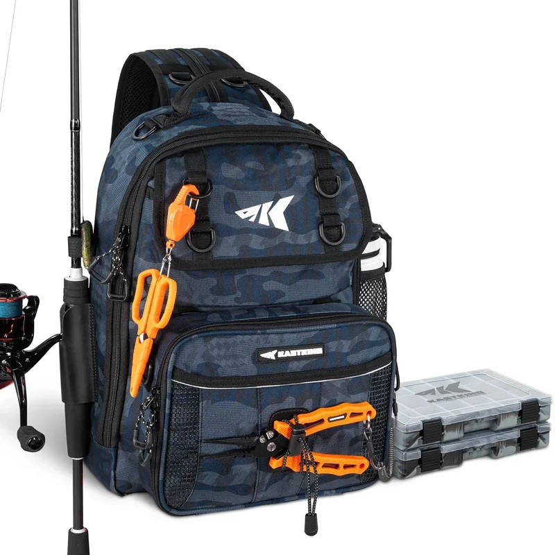 KastKing BaitSpace Fishing Tackle Bag, Water-resistant Tackle Storage with 2 Black Camo Tackle Boxes & Detachable Soft Bait Binder, Adjustable Backpack for Bank, Wading, & Boat Fishing