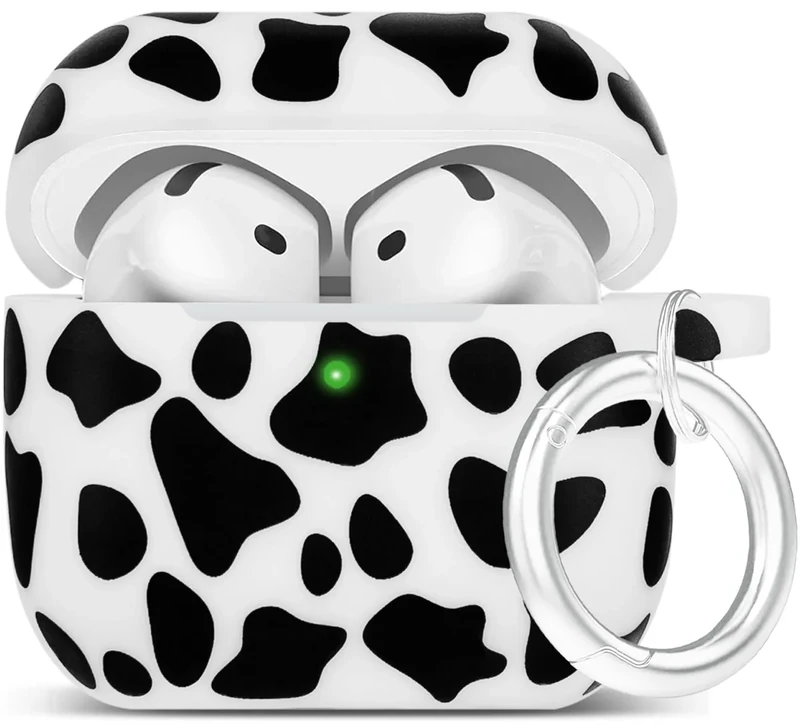 Silicone Cow AirPods 4 Case 2024, YOMPLOW Case Cover for Apple Airpods 4th Generation Floral Print Soft Flexible Cover for Air Pod 4th Women Girls, Skin with Keychain - Black Cow