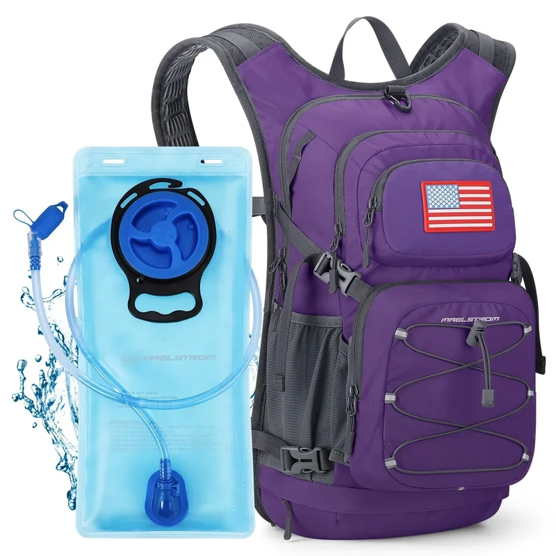 Maelstrom Hydration Hiking Backpack with 2L/3L Water Bladder, High Flow Bite Valve Camping Daypack Lightweight (5.Purple, 3L Bladder)