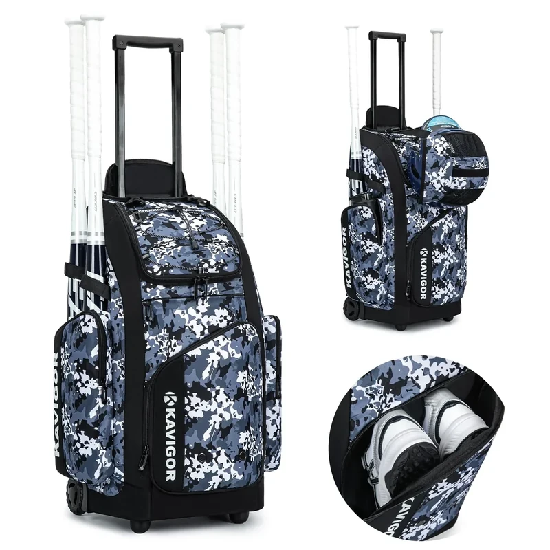 KAVIGOR Rolling Baseball Bag with Wheels for Youth, 60L Capacity Softball Equipment Bag Holds 4 Bats with Shoe Compartment for Boys & Girls