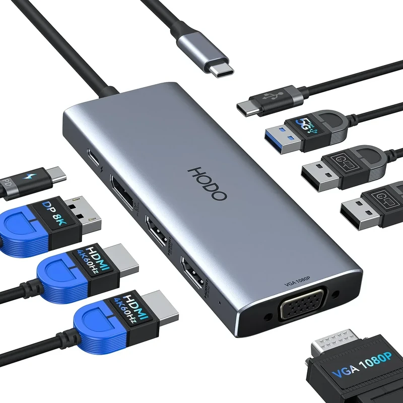 HODO USB-C Docking Station - Dual HDMI 4K, DP 8K, VGA, 4 USB, 100W PD
