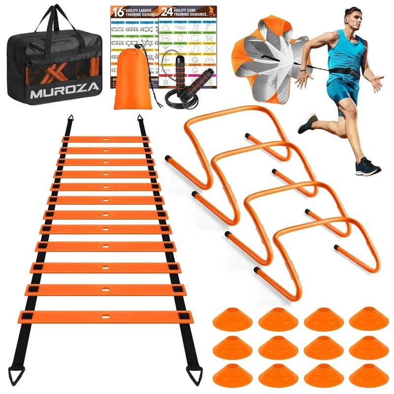 MUROZA Agility Ladder, Agility Speed Training Equipment Set, 20ft Speed Ladder, 12 Soccer Cones, 4 Hurdles, Jump Rope, Running Parachute, Soccer Football Basketball Training Equipment Accessories