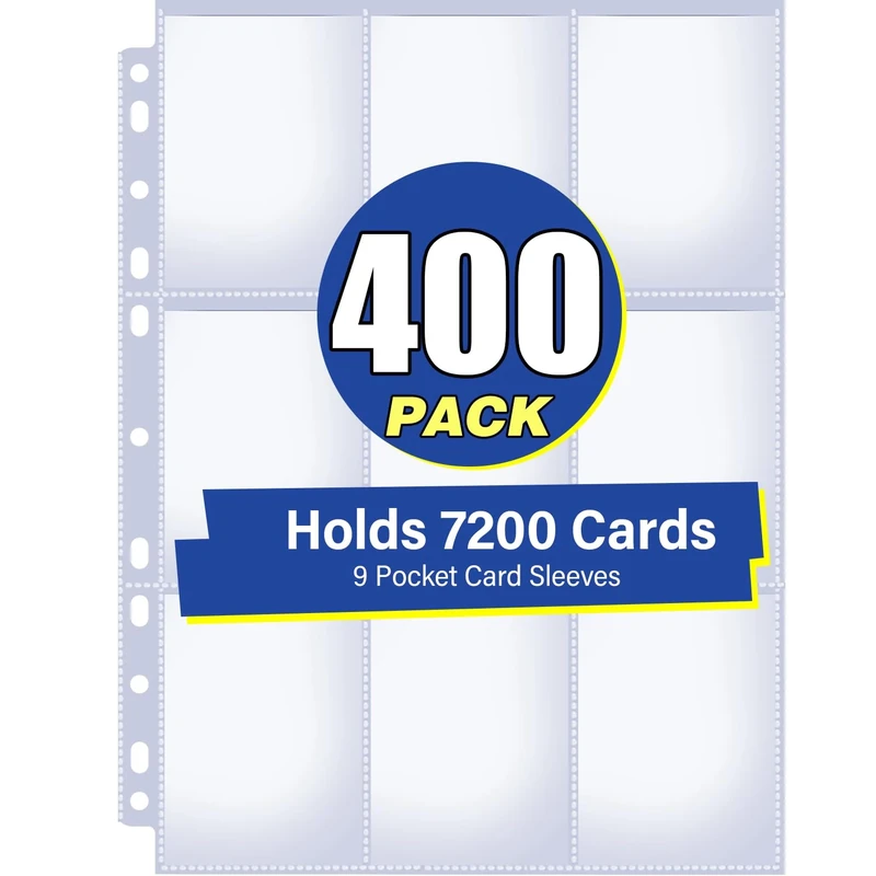 400 Pack 9 Pocket Double Side Card Sleeves Binder Sheets, Holds 7200 Cards, Trading Card Binder Sleeves for 3 Ring Binder, Card Sleeve Pages for Baseball, Football, Business, TCG, Kpop Cards