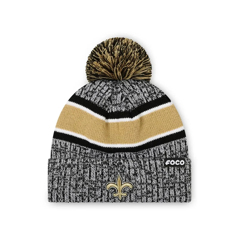 FOCO New Orleans Saints NFL Logo Heather Stripe Pom Beanie Hat, Team Color
