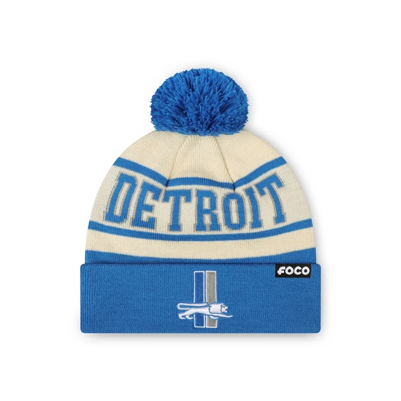 FOCO Detroit Lions NFL Heritage Stripe Retro Logo Pom Beanie - Cream - Image 1