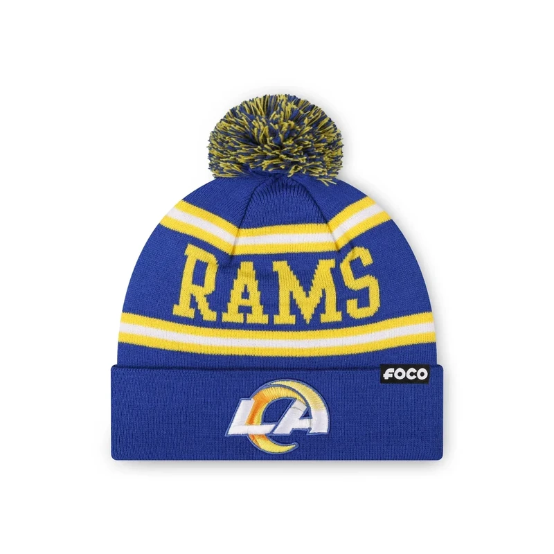 FOCO Los Angeles Rams NFL Primary Logo Stripe Pom Beanie - Montego