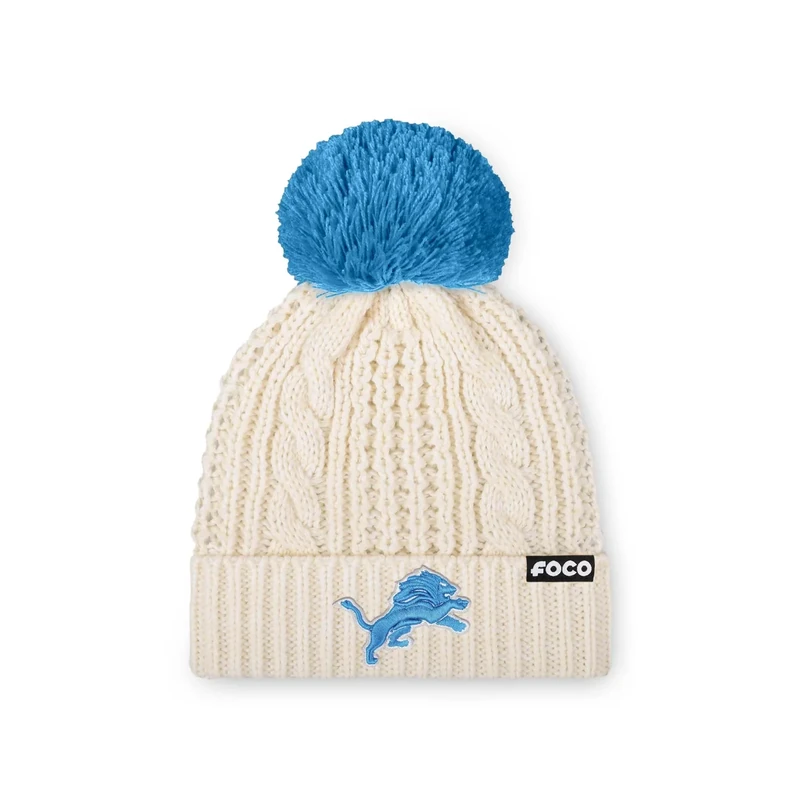 FOCO Detroit Lions NFL Womens Primary Logo Cable Knit Pom Beanie - White