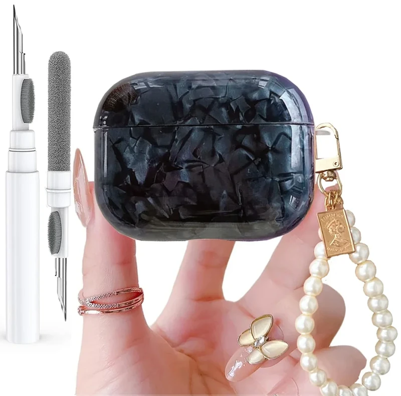 Olytop Glitter AirPods Pro 2/1 Gen Case with Pearl Keychain - Black