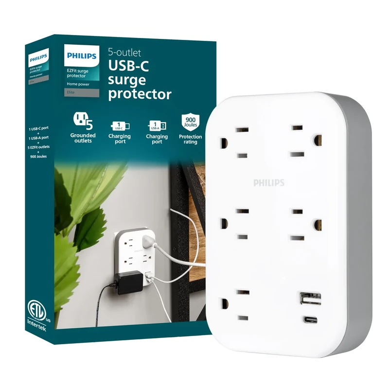 Philips EZFit 5-Outlet Surge Protector USB-A & USB-C in White