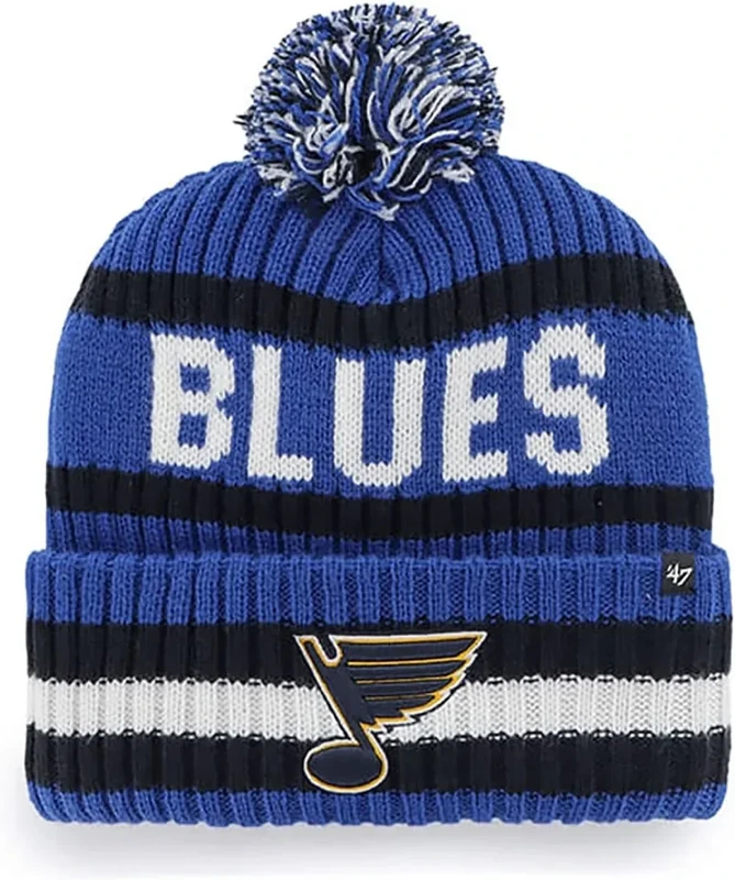 47 NHL Unisex-Adult Team Color Officially Licensed Primary Logo Bering Sport Knit Cuffed Pom Beanie Cold Weather Hat - St Louis Blues Blue