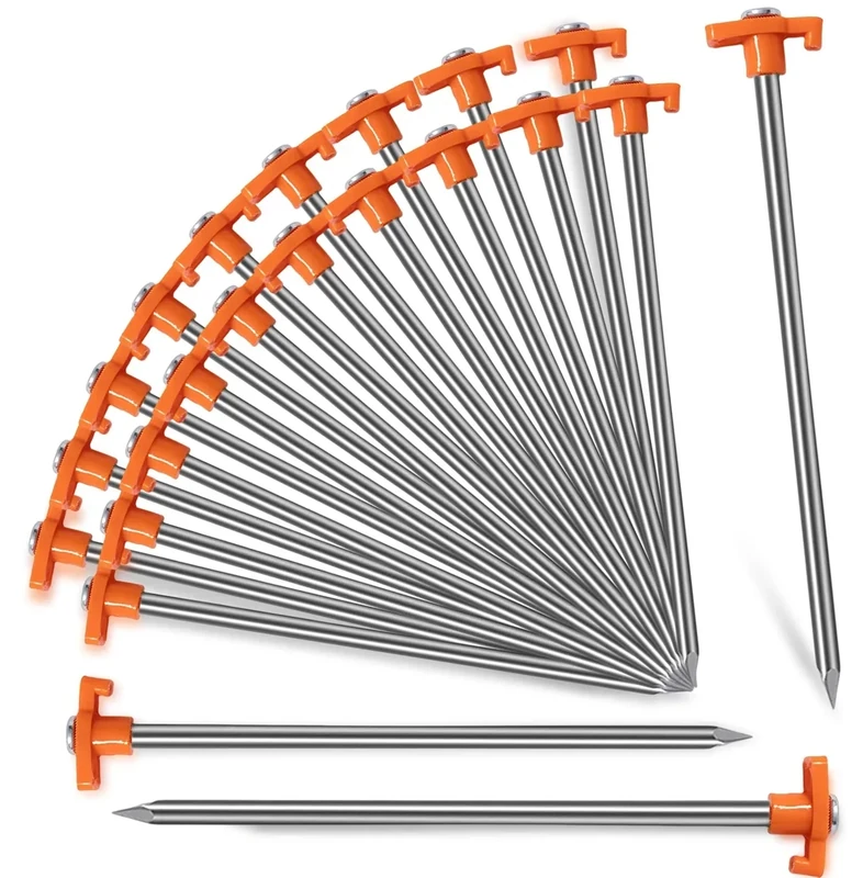Nexboraque 20 Pack Tent Stakes - 9.75 Inch Galvanized Non-Rust Ground Stakes Heavy Duty Canopy Anchors Metal Tent Pegs for Camping, Garden, Hiking, Orange