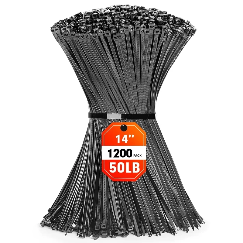 Zip Ties, RAZCC 1200pcs Black Cable Zip Ties 14 Inch, Heavy Duty Plastic Wire Ties with 50lb Tensile Strength, Self-Locking Black Nylon Tie Wraps for Indoor and Outdoor