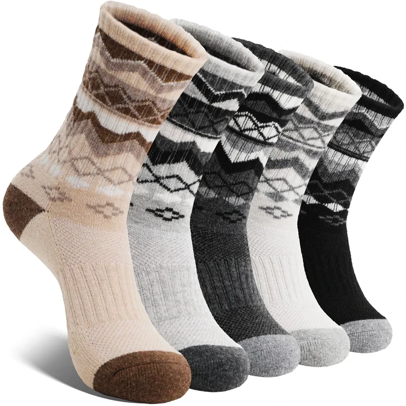 EBMORE Womens Merino Wool Hiking Socks Thermal Warm Winter Nordic Cushion Crew Work Boot Gift Socks Stocking Stuffers 5 Pairs(Black/Light Grey/Brown/White/Dark Grey,M)