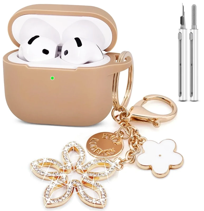 Compatible with AirPods 4 Case Cover, Silicone Protective Case for Airpod 4 with Bling Keychain, Case Cover for Apple AirPods 4th Generation Wireless Earbuds with Cleaner Kit (Milk Tea)