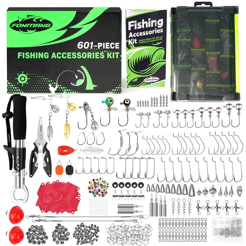 601-Piece Fishing Gear Accessories Kit, [2025 New] Tackle Box with Pliers, Fish Lip Grips,Tackle Storage Trays, Hooks, Weights, Jig Heads, Swivels, 21 Pre-Made Rigs – Fishing Gear for Lures Fishing