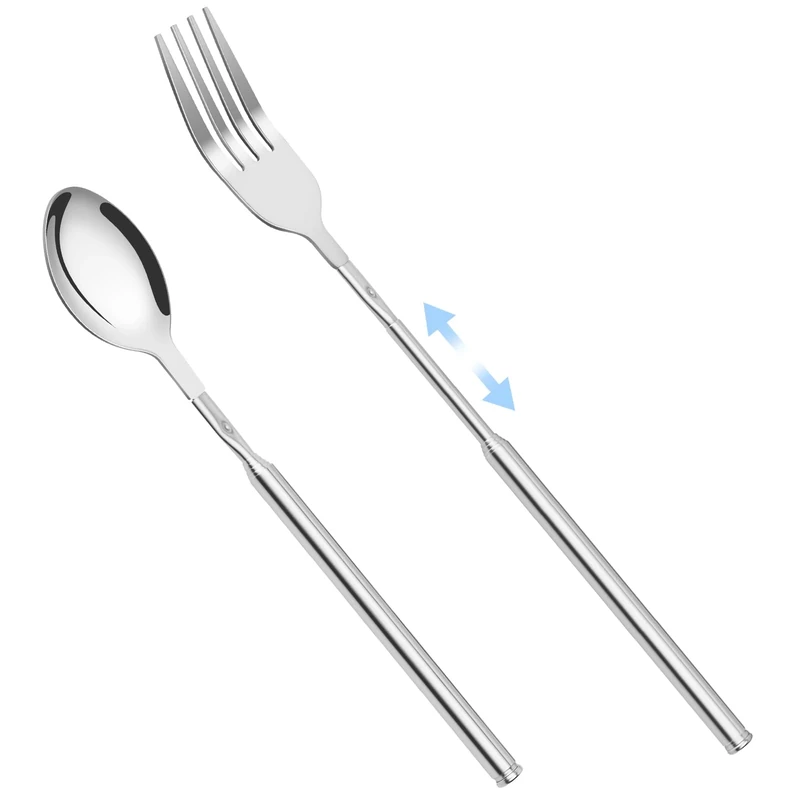OXDFK 2 PCS Extendable Fork Spoon Set, Telescopic Stainless Steel Fork Spoon, Extendable 25.3 In, Dinner Forks for BBQ Dinner Fruit Dessert, Camping Flatware